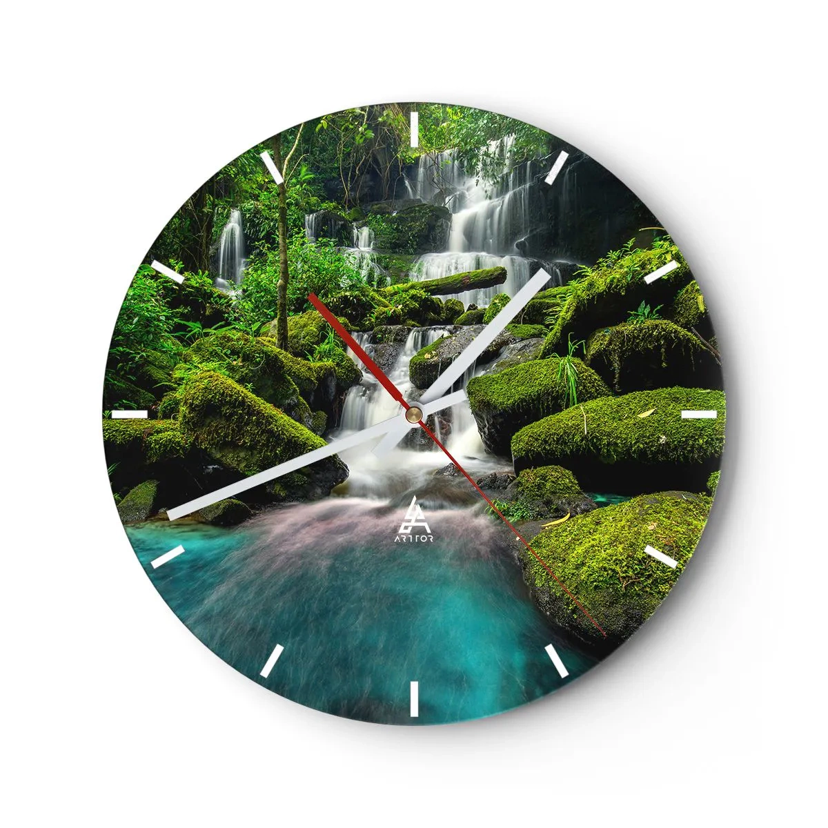Zegar ścienny - Zielony wodospad z turkusowym jeziorem w otoczeniu mchu - 30x30cm - Turkus, szafiry i płynne srebro - Nowoczesna dekoracja ścienna do salonu, kuchni i sypialni ARTTOR