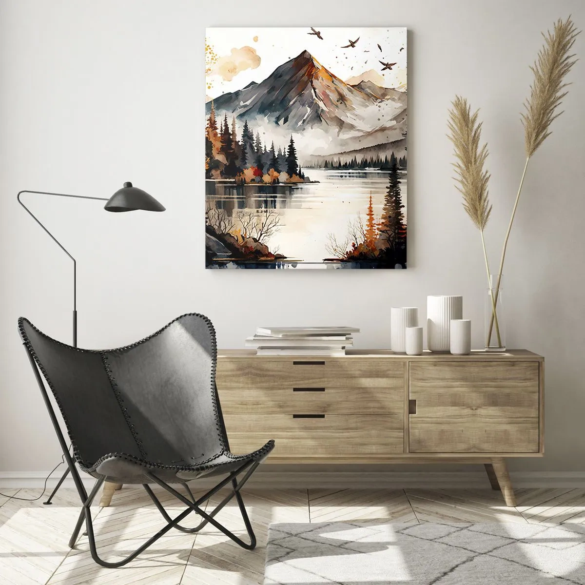 Obraz na szkle - Jesienny krajobraz górski z jeziorem i lasem - 50x70cm - Złota jesień w górach - Nowoczesna dekoracja ścienna do salonu, kuchni i sypialni ARTTOR
