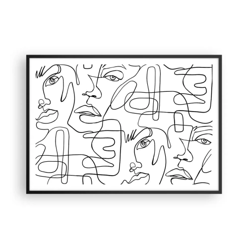 Plakat w czarnej ramie - Minimalistyczny rysunek twarzy z liniami na jasnym tle - 100x70cm - W splątanych emocjach - Nowoczesna dekoracja ścienna do salonu i sypialni ARTTOR