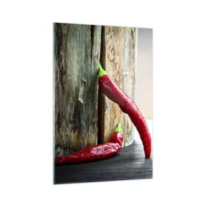 Obraz na szkle - Dwie czerwone papryczki chili na drewnianym tle z rustykalnym akcentem - 70x100cm - Red hot chili peppers - Nowoczesna dekoracja ścienna do salonu i sypialni ARTTOR