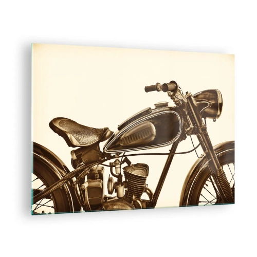 Obraz na szkle - Stylowy motocykl retro w odcieniach sepii na jasnym tle - 70x50cm - Tęsknota za klasyką - Nowoczesna dekoracja ścienna do salonu i sypialni ARTTOR