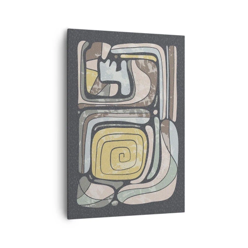 Obraz na płótnie - Prekolumbijskie wzory w pastelowych kolorach na ciemnym tle - 70x100cm - Abstrakcja w duchu prekolumbijskim - Nowoczesna dekoracja ścienna do salonu i sypialni ARTTOR