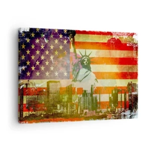 Obraz na płótnie - Statua Wolności na tle amerykańskiej flagi i panoramy miasta - 70x50cm - Viva America! - Nowoczesna dekoracja ścienna do salonu i sypialni ARTTOR