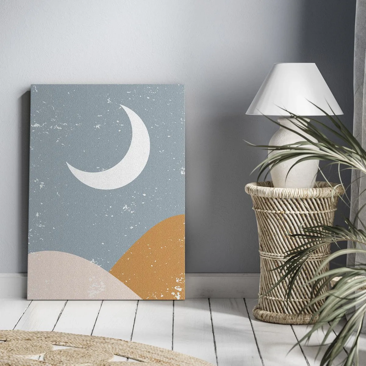 Obraz na płótnie - Półksiężyc na błękitnym tle z abstrakcyjnymi wzgórzami - 50x70cm - Cud wielu nocy - Nowoczesna dekoracja ścienna do salonu, kuchni i sypialni ARTTOR