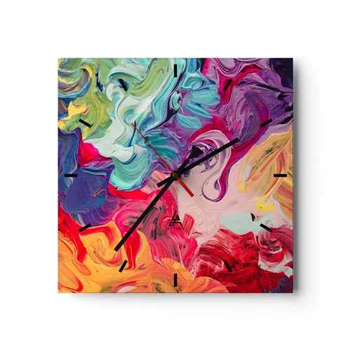 Zegar ścienny - Abstrakcyjna kompozycja z żywymi, wirującymi kolorami i dynamiczną strukturą - 30x30cm - Narodziny barw - Nowoczesna dekoracja ścienna do salonu i sypialni ARTTOR