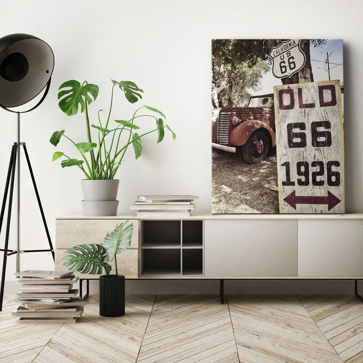 Obraz na płótnie - Legenda amerykanskiej prowincji - Retro samochód przy znaku Route 66 - 50x70cm