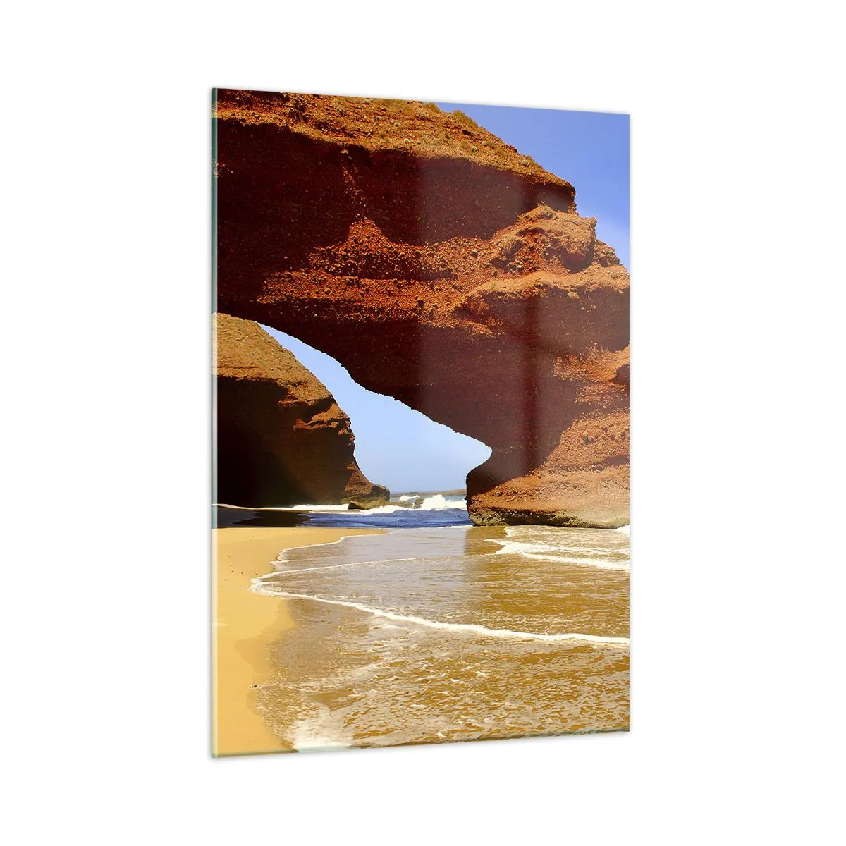 Obraz na szkle - Czerwone skalne łuki nad plażą i oceanem - 50x70cm - Woda i wiatr przez tysiące lat - Nowoczesna dekoracja ścienna do salonu, kuchni i sypialni ARTTOR