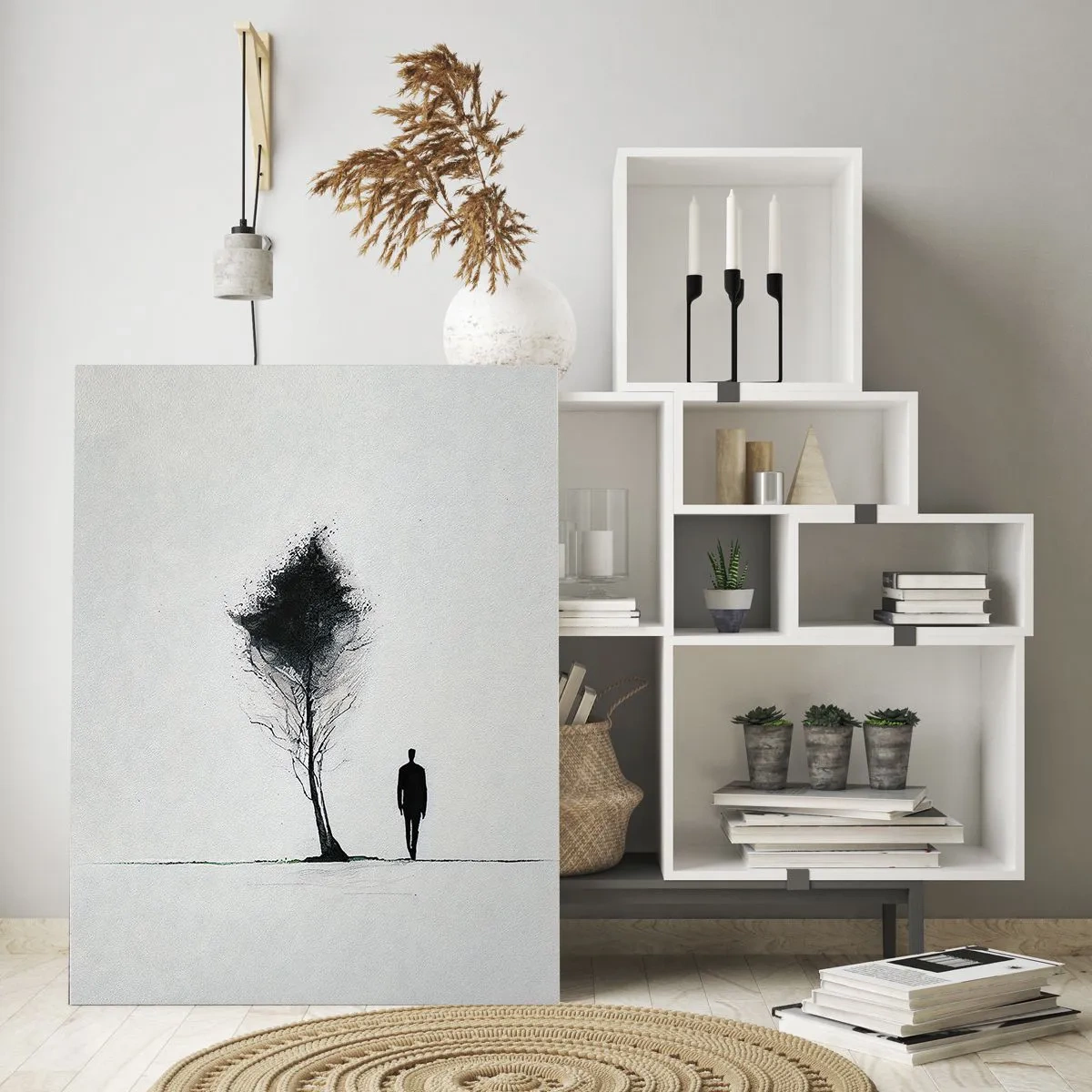 Obraz na szkle - Minimalistyczna sylwetka człowieka obok drzewa na białym tle - 80x120cm - Wszyscy wędrujemy - Nowoczesna dekoracja ścienna do salonu i sypialni ARTTOR