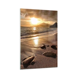 Obraz na szkle - Plaża o zachodzie słońca z kamieniami na brzegu - 70x100cm - Idź za słońcem ku wzgórzom - Nowoczesna dekoracja ścienna do salonu i sypialni ARTTOR