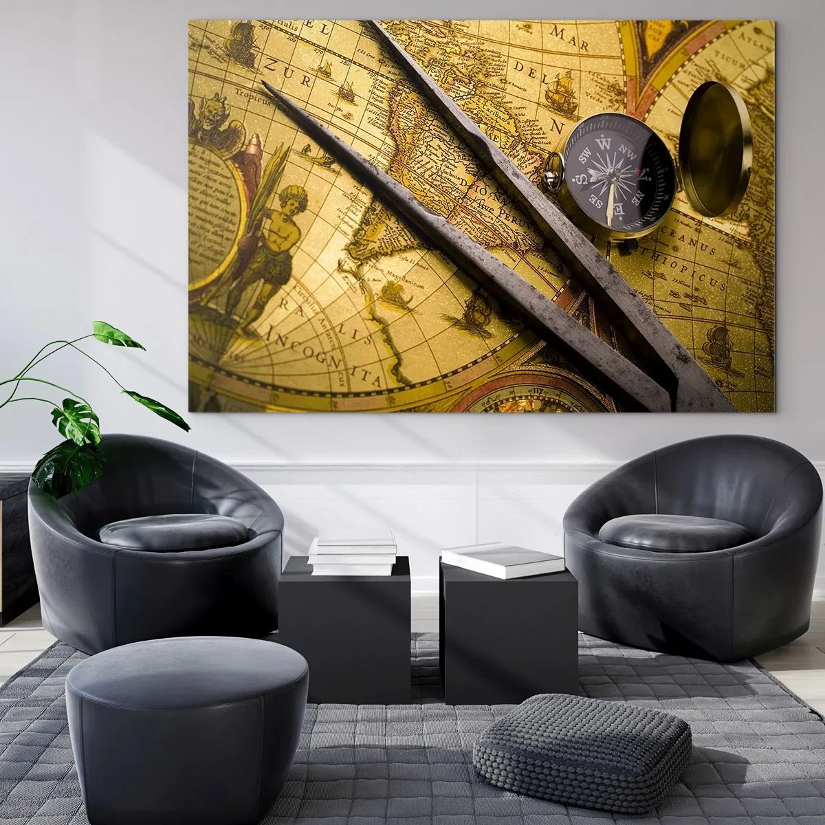 Obraz na szkle - Stara mapa z kompasem i cyrklem - 100x70cm - Gdze te skarby? - Nowoczesna dekoracja ścienna do salonu, kuchni i sypialni ARTTOR