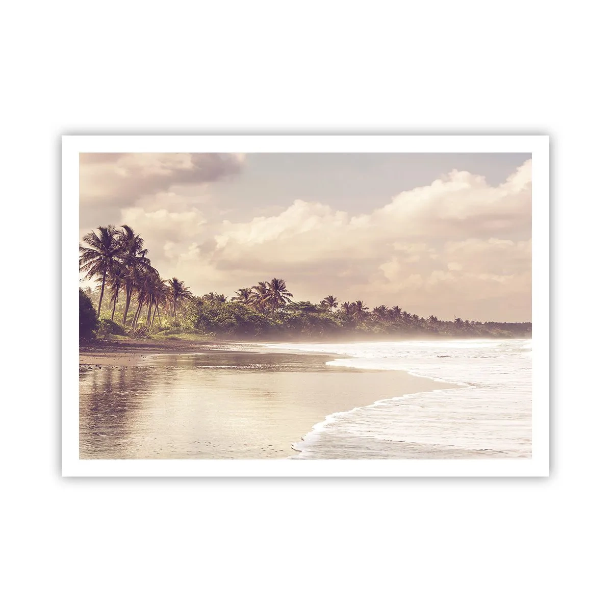 Plakat - Plaża z palmami i delikatnymi falami o poranku - 100x70cm - Pieszczota fal - Nowoczesna dekoracja ścienna do salonu i sypialni ARTTOR
