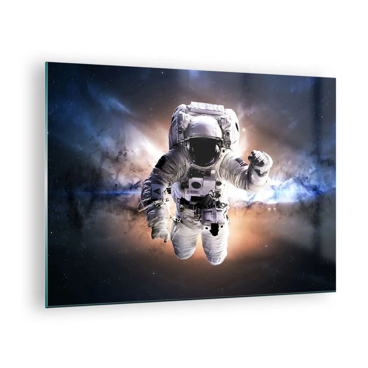 Obraz na szkle - Astronauta w przestrzeni kosmicznej na tle galaktyki - 70x50cm - Pozdrowienia z kosmosu - Nowoczesna dekoracja ścienna do salonu i sypialni ARTTOR