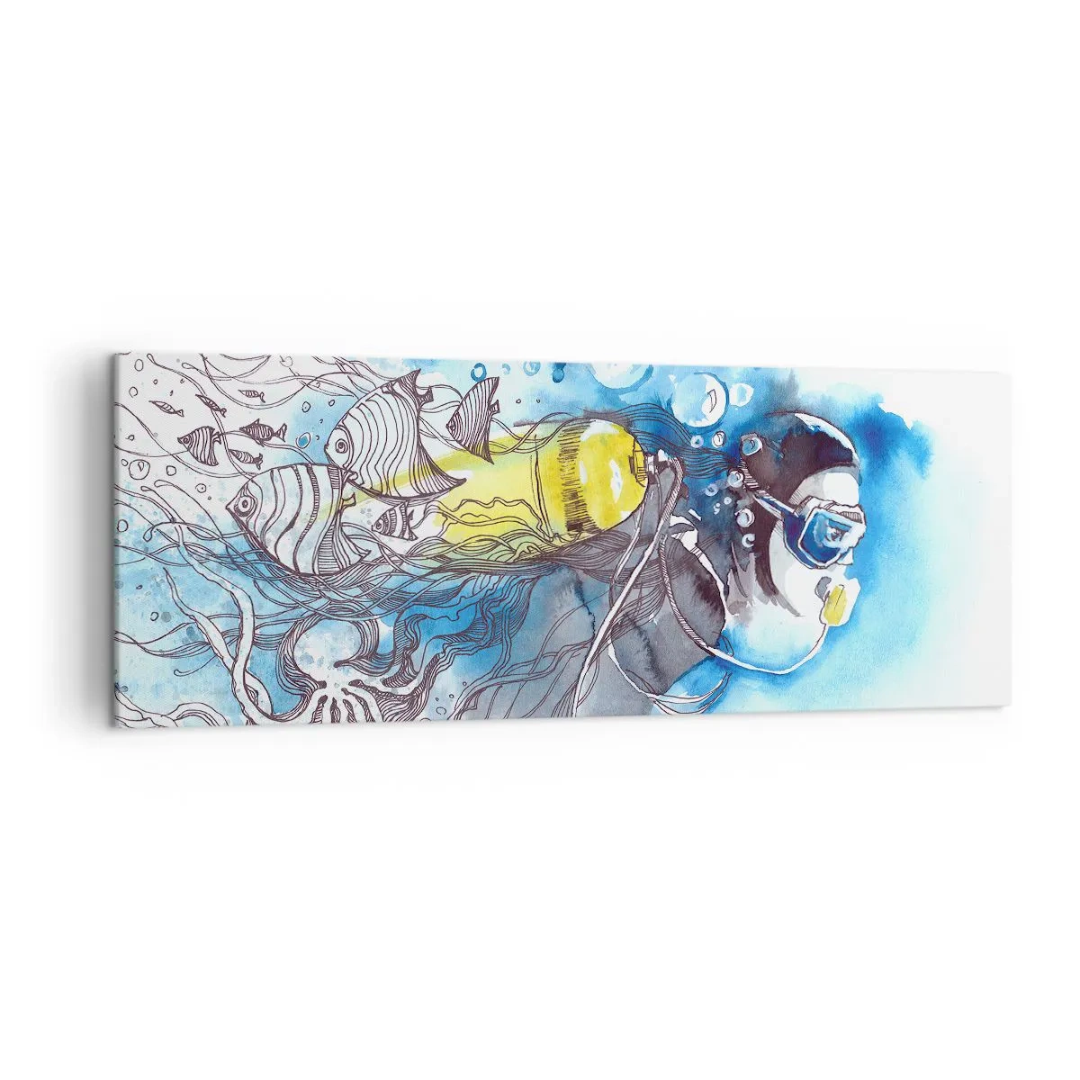 Obraz na płótnie - Podwodna scena z nurkiem i egzotycznymi rybami - 140x50cm - Wielki błękit - Nowoczesna dekoracja ścienna do salonu i sypialni ARTTOR