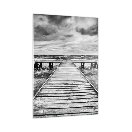 Obraz na szkle - Czarno-biały pomost wśród wzburzonych fal - 50x70cm - Czekam na wiatr, co rozgoni… - Nowoczesna dekoracja ścienna do salonu, kuchni i sypialni ARTTOR