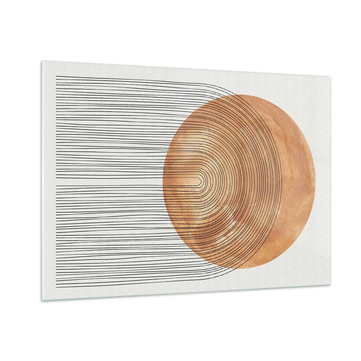 Obraz na szkle - Geometryczna forma z koncentrycznymi liniami i złotym kołem - 100x70cm - Kompozycja słoneczna - Nowoczesna dekoracja ścienna do salonu, kuchni i sypialni ARTTOR