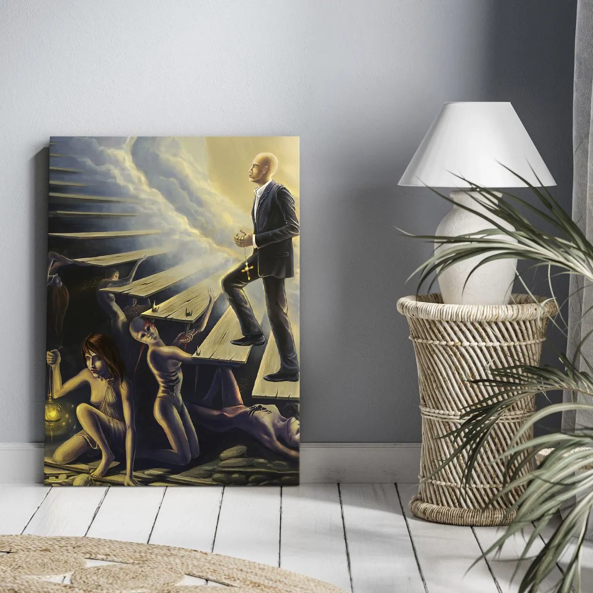 Obraz na płótnie - Symboliczna scena z postaciami i schodami do światła - 50x70cm - Dantejska wędrówka ku światłu - Nowoczesna dekoracja ścienna do salonu, kuchni i sypialni ARTTOR