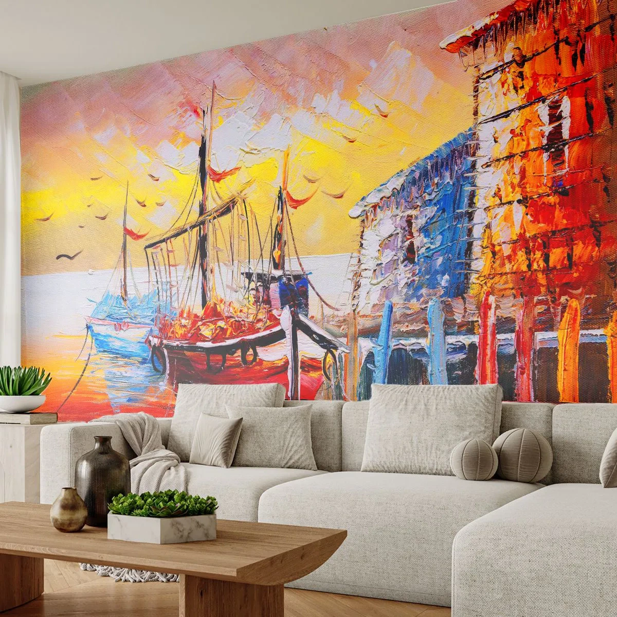 Fototapeta Premium Sand - Portowa scena o zachodzie słońca - 100x70cm - Szczęśliwy powrót - Nowoczesna dekoracja ścienna do salonu, kuchni i sypialni ARTTOR