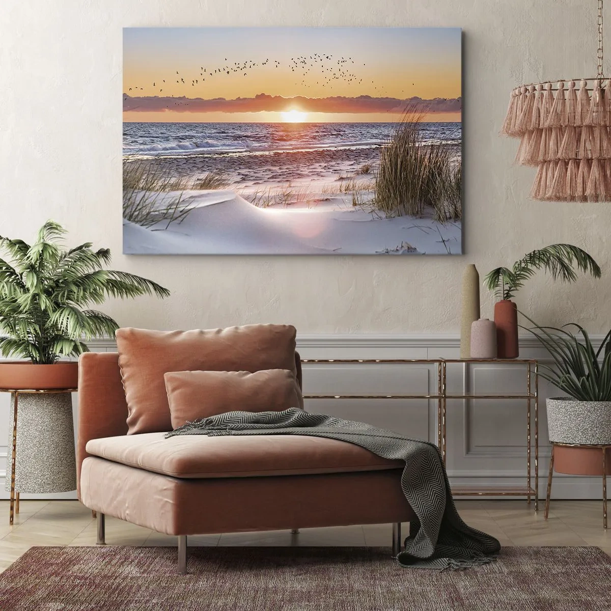Obraz na płótnie - Zachód słońca nad morzem z widokiem na wydmy - 70x50cm - Pejzaż horyzontalny - Nowoczesna dekoracja ścienna do salonu i sypialni ARTTOR