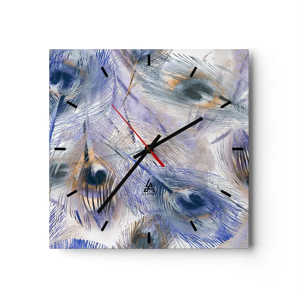 Zegar ścienny - Wzór z piórami pawia w odcieniach błękitu i złota - 30x30cm - Pawiooka kompozycja - Nowoczesna dekoracja ścienna do salonu i sypialni ARTTOR