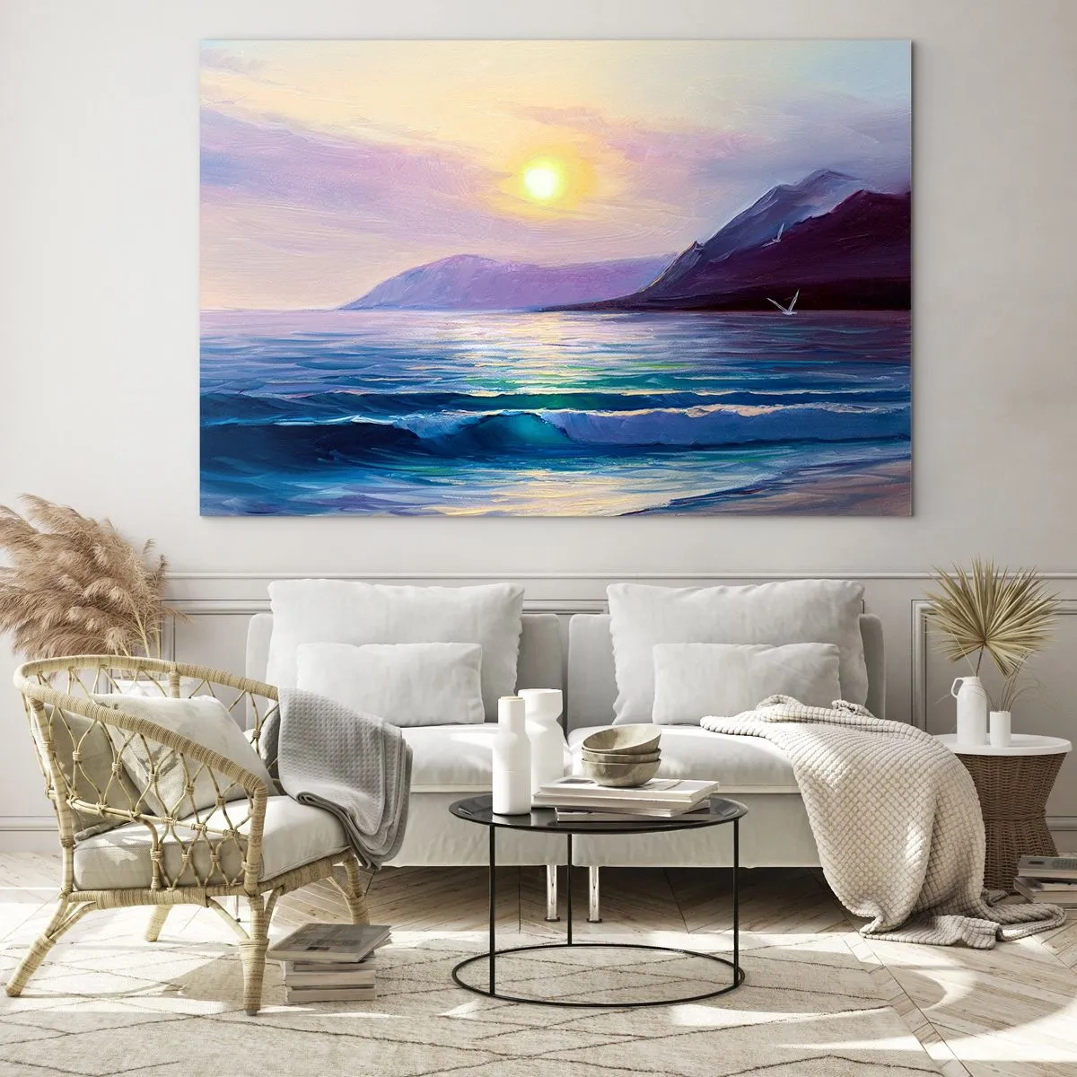 Obraz na szkle - Malowniczy zachód słońca nad spokojnym morzem i górami - 70x50cm - Kryształ wody i powietrza - Nowoczesna dekoracja ścienna do salonu i sypialni ARTTOR