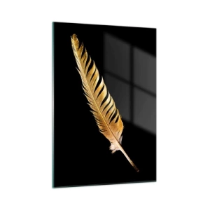 Obraz na szkle - Złote pióro na czarnym tle w minimalistycznym stylu - 50x70cm - Nie lada piórem opatrzony… - Nowoczesna dekoracja ścienna do salonu, kuchni i sypialni ARTTOR