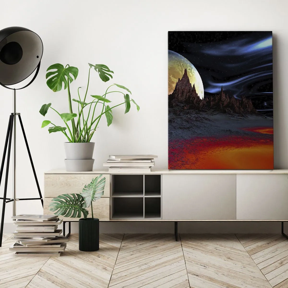 Obraz na płótnie - Fantastyczny krajobraz z wulkanami i planetą w tle - 50x70cm - Nieznany świat - Nowoczesna dekoracja ścienna do salonu, kuchni i sypialni ARTTOR