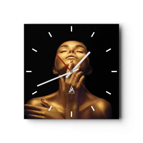 Zegar ścienny - Portret kobiety w złotym blasku na czarnym tle - 30x30cm - Jak złoty jedwab - Nowoczesna dekoracja ścienna do salonu i sypialni ARTTOR