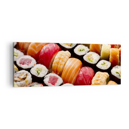 Obraz na płótnie - Kolorowe sushi ułożone w rzędy z różnorodnymi dodatkami - 140x50cm - Barwy i smaki Azji - Nowoczesna dekoracja ścienna do salonu i sypialni ARTTOR