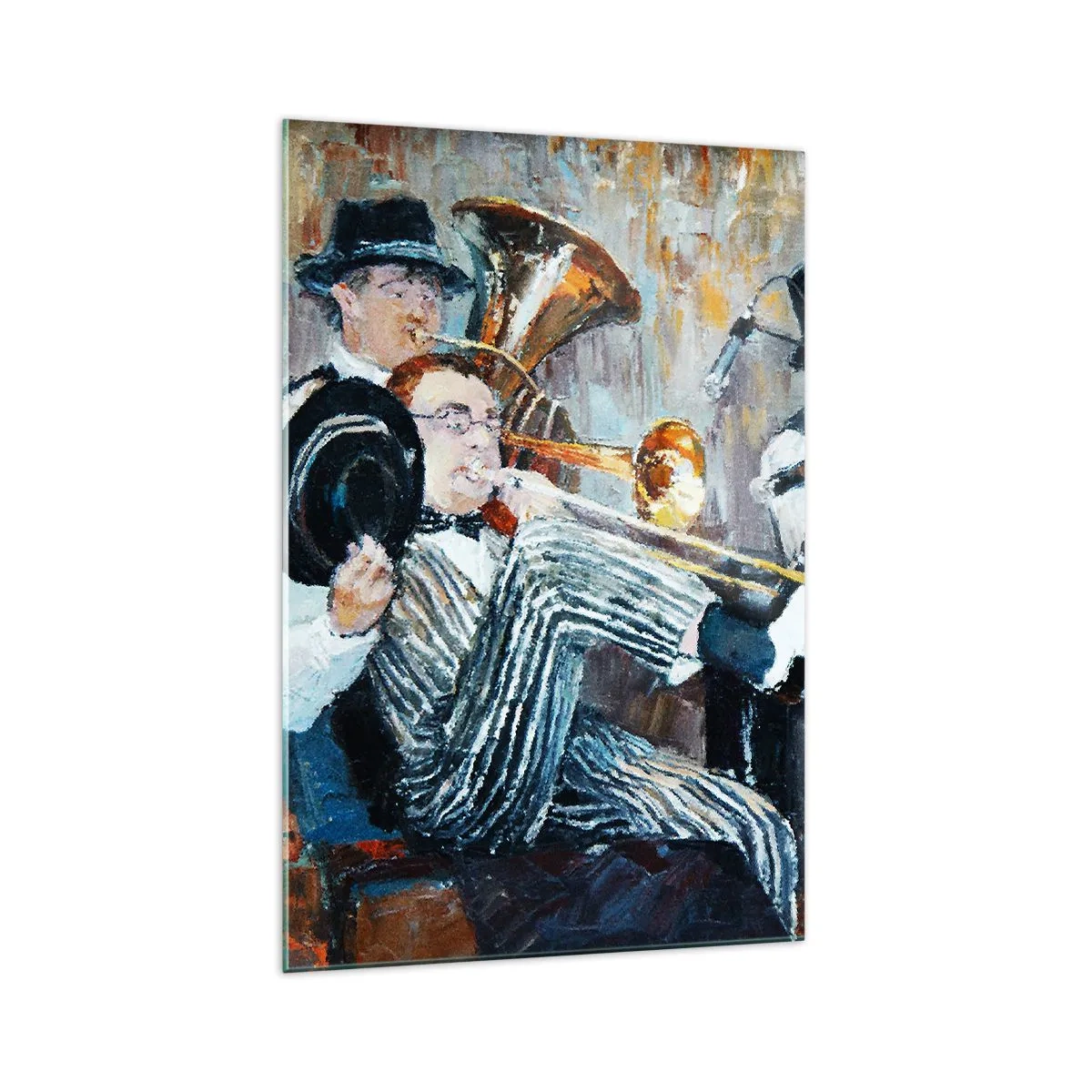 Obraz na szkle - Muzycy jazzowi w stylu malarskim podczas koncertu - 70x100cm - Cały ten jazz - Nowoczesna dekoracja ścienna do salonu i sypialni ARTTOR