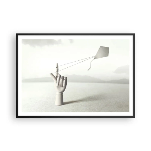 Plakat w czarnej ramie - Minimalistyczna ręka drewniana z latawcem na tle pejzażu - 100x70cm - Próba sił - Nowoczesna dekoracja ścienna do salonu i sypialni ARTTOR