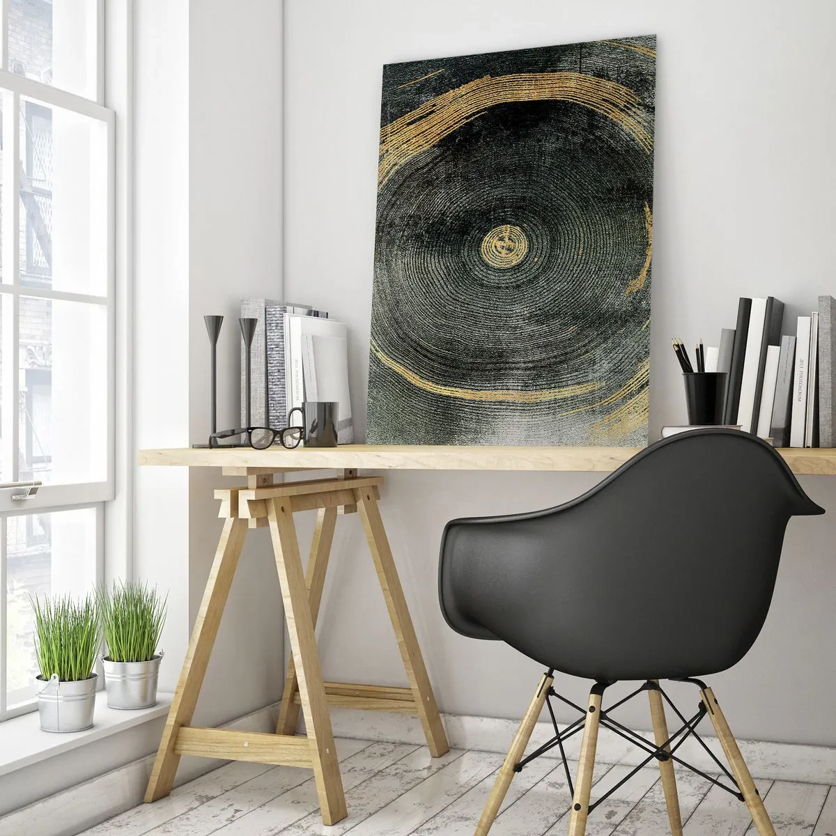 Obraz na szkle - Przekrój pnia drzewa z detalem i złotymi akcentami - 50x70cm - Zmiana i trwanie - Nowoczesna dekoracja ścienna do salonu, kuchni i sypialni ARTTOR