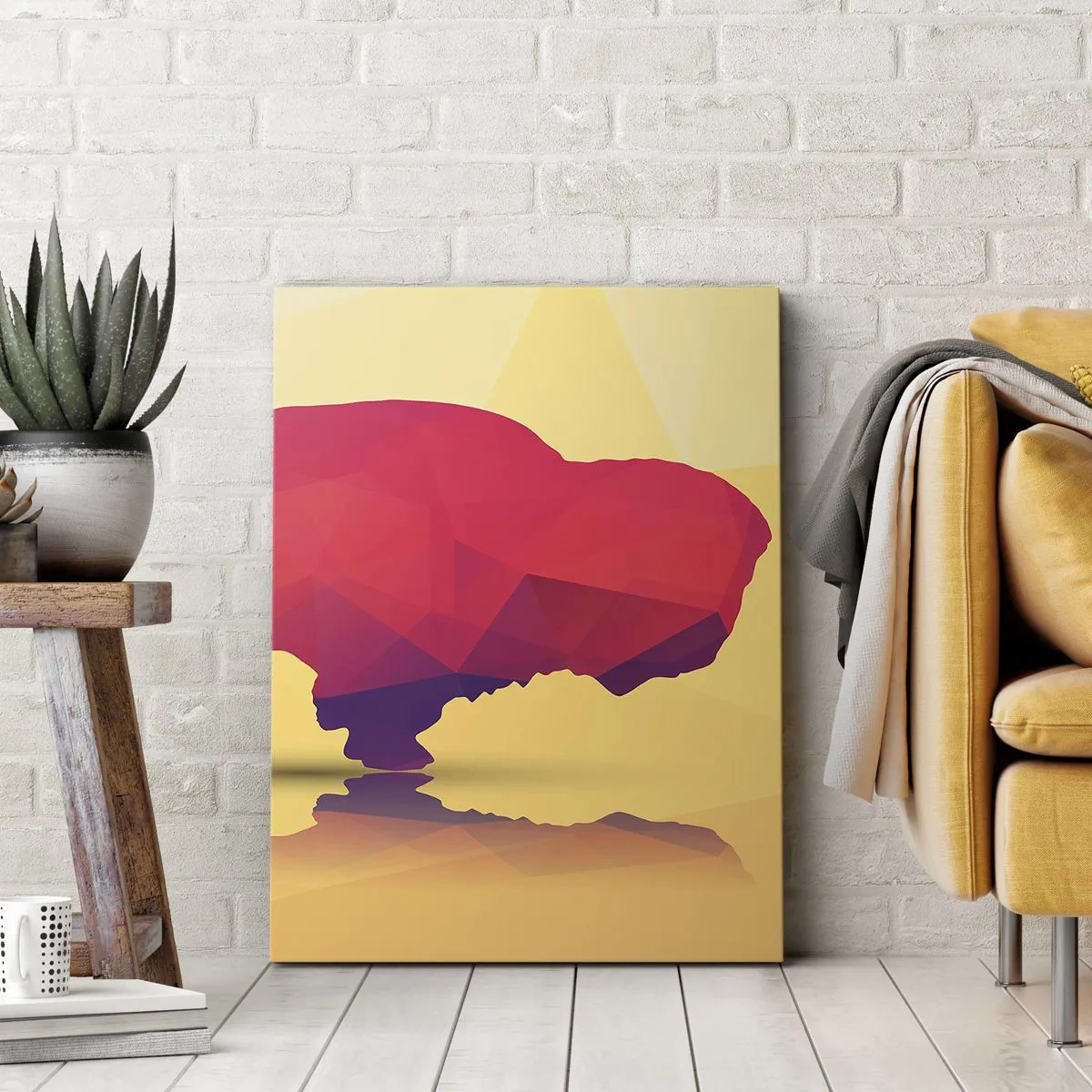 Obraz na płótnie - Geometryczny bizon w abstrakcyjnej kolorystyce - 50x70cm - Amarantowa siła żubra - Nowoczesna dekoracja ścienna do salonu, kuchni i sypialni ARTTOR