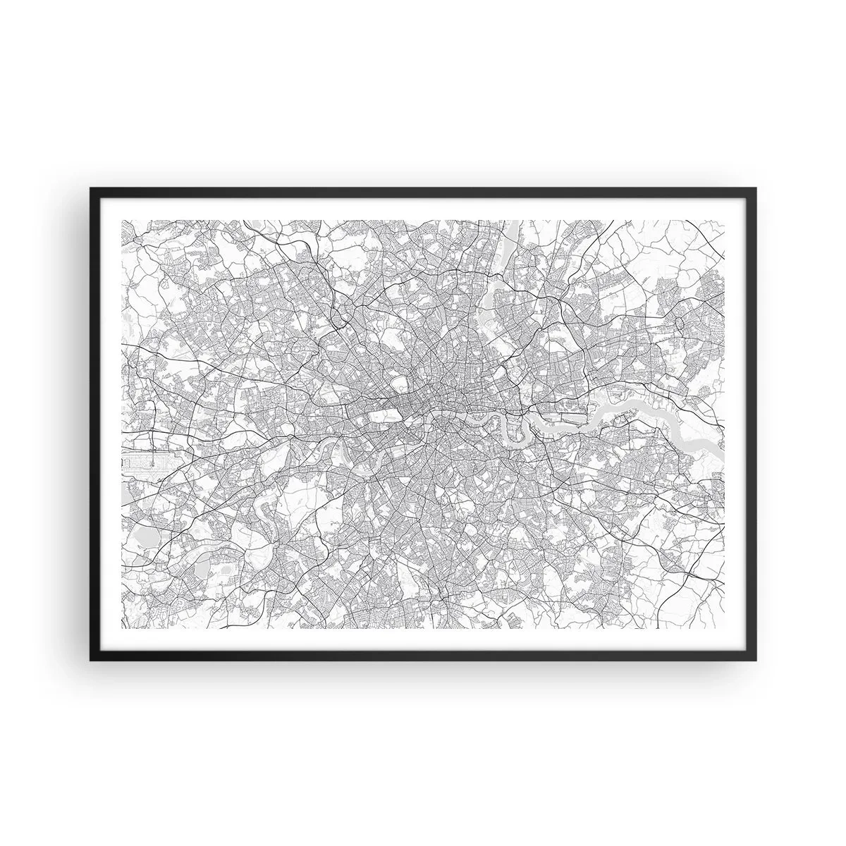 Plakat w czarnej ramie - Minimalistyczna mapa miasta w odcieniach szarości - 100x70cm - Mapa londyńskiego labiryntu - Nowoczesna dekoracja ścienna do salonu i sypialni ARTTOR