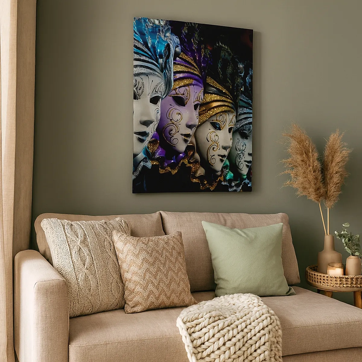 Obraz na płótnie - Weneckie maski w złotych i srebrnych barwach - 50x70cm - Tajemnica w złocie i w srebrze - Nowoczesna dekoracja ścienna do salonu, kuchni i sypialni ARTTOR