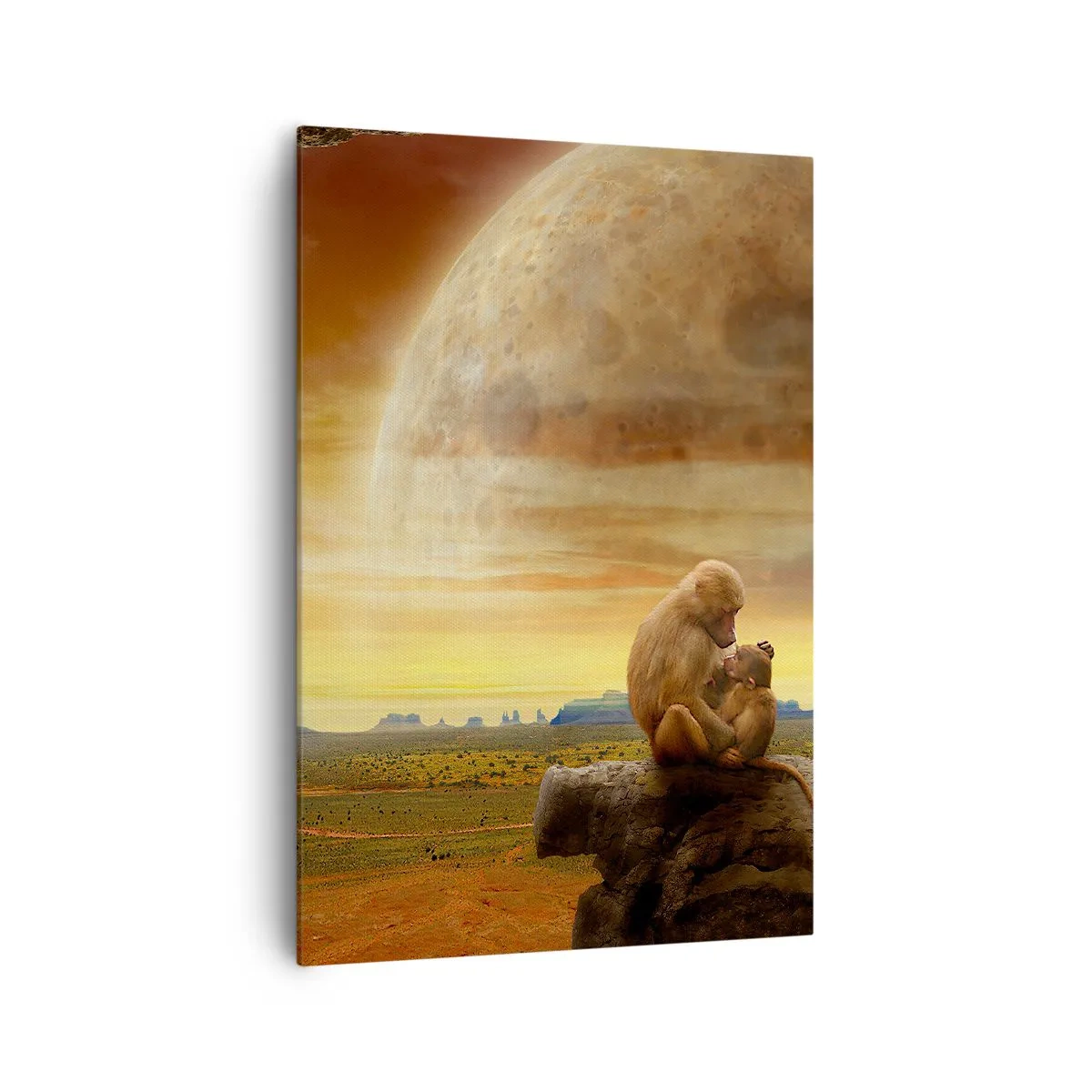 Obraz na płótnie - Małpy siedzące na skale w surrealistycznym krajobrazie z wielką planetą - 70x100cm - Miłość wszędzie ta sama - Nowoczesna dekoracja ścienna do salonu i sypialni ARTTOR
