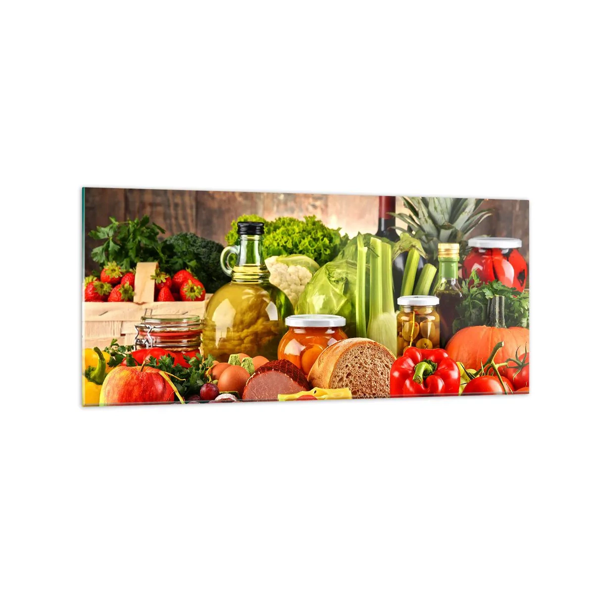 Obraz na szkle - Kolorowe owoce, warzywa i produkty spożywcze - 120x50cm - Wędzone, pieczone, marynowane - Nowoczesna dekoracja ścienna do salonu i sypialni ARTTOR