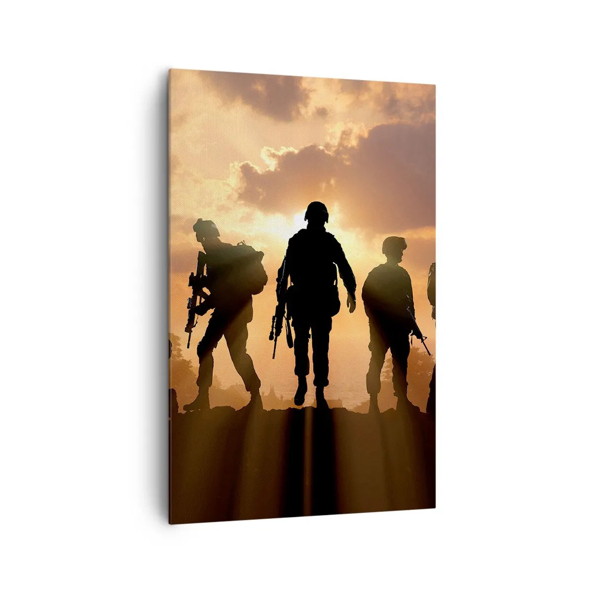 Obraz na płótnie - Żołnierze na tle zachodzącego słońca w dynamicznej scenerii - 80x120cm - Brothers in arms - Nowoczesna dekoracja ścienna do salonu i sypialni ARTTOR