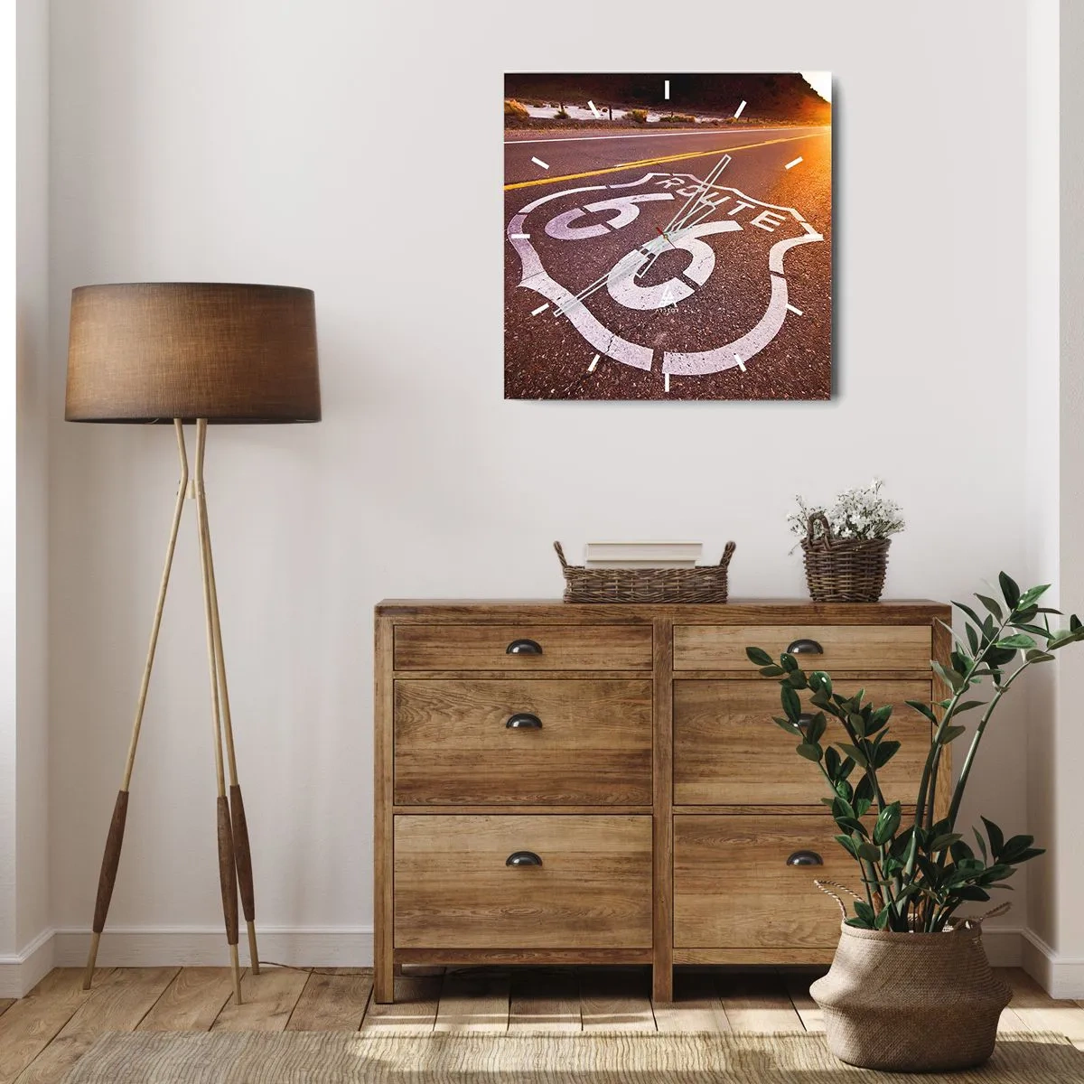 Zegar ścienny - Droga Route 66 o zachodzie słońca - 30x30cm - Słynna droga 66 - Nowoczesna dekoracja ścienna do salonu i sypialni ARTTOR