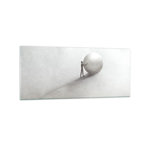 Obraz na szkle - Minimalistyczna postać z kulą na jasnym, monochromatycznym tle - 120x50cm - Gra życia - Nowoczesna dekoracja ścienna do salonu i sypialni ARTTOR