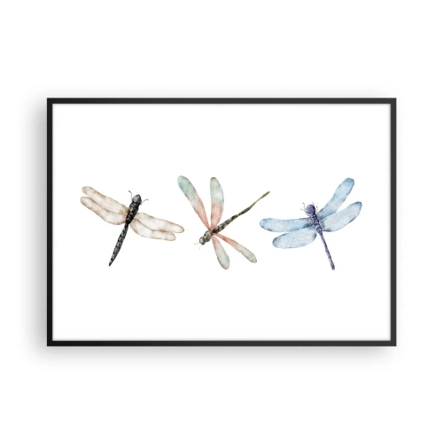 Plakat w czarnej ramie - Trzy ważki w delikatnych pastelowych barwach - 100x70cm - Ważki nieważkie - Nowoczesna dekoracja ścienna do salonu i sypialni ARTTOR