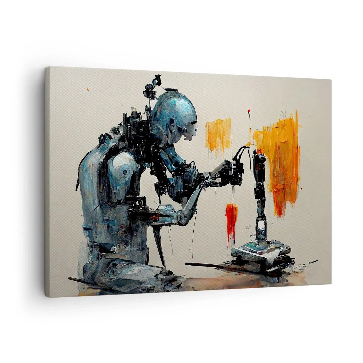 Obraz na płótnie - Robot przy pracy z abstrakcyjnym tłem - 70x50cm - Już jutro… - Nowoczesna dekoracja ścienna do salonu i sypialni ARTTOR
