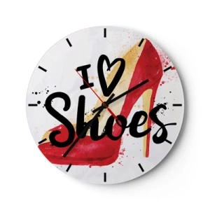 Zegar ścienny - Czerwony szpilka i napis I love shoes - 30x30cm - Miłość niejedno ma imię - Nowoczesna dekoracja ścienna do salonu, kuchni i sypialni ARTTOR