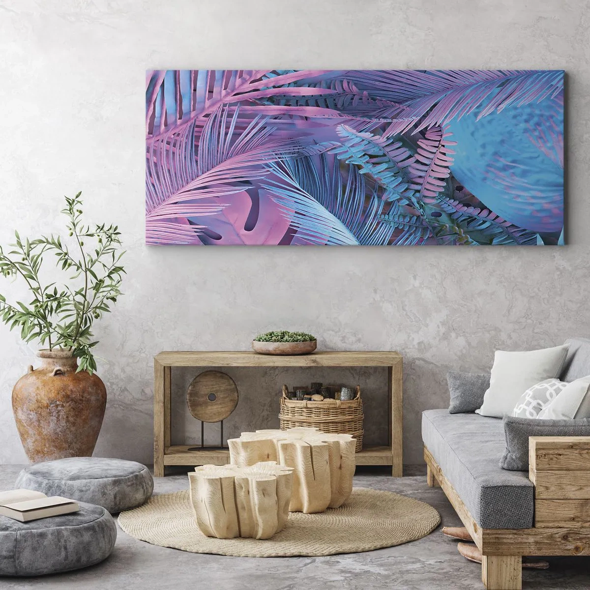 Obraz na płótnie - Tropiki w różu i błękicie - 100x40 cm