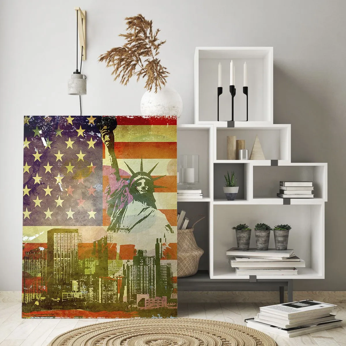 Obraz na szkle - Flaga USA z sylwetką Statuy Wolności i miejskim krajobrazem - 50x70cm - Viva America! - Nowoczesna dekoracja ścienna do salonu, kuchni i sypialni ARTTOR