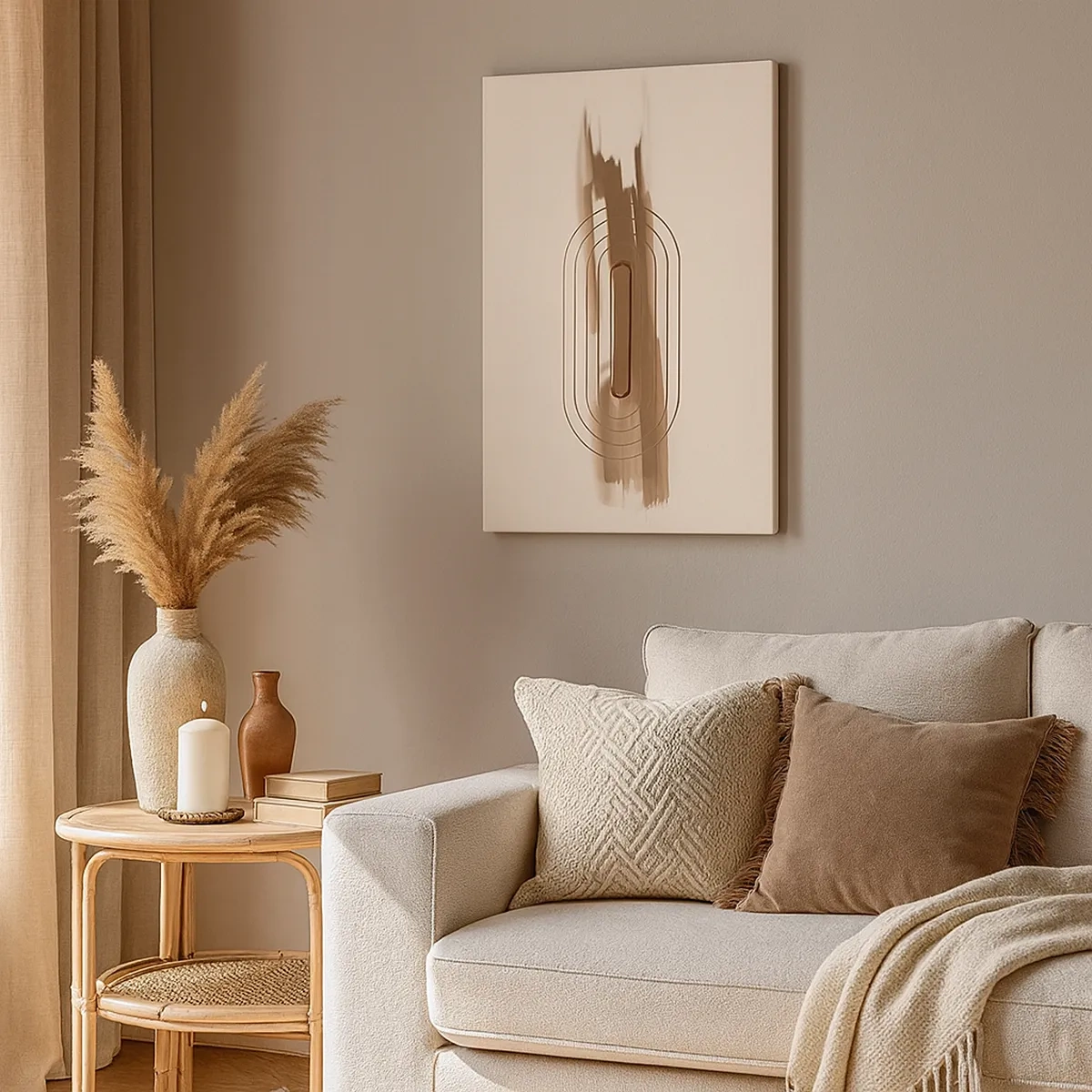 Obraz na płótnie - Minimalistyczna kompozycja z geometrycznym wzorem i pociągnięciami pędzla w odcieniach beżu i brązu - 50x70cm - Powiew szarości - Nowoczesna dekoracja ścienna do salonu, kuchni i sypialni ARTTOR