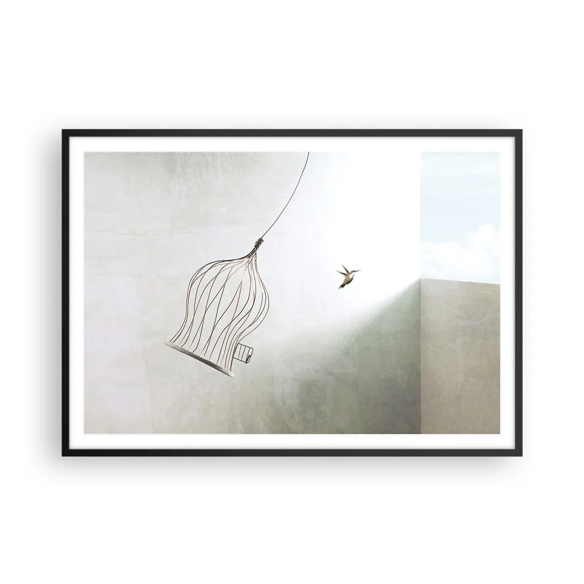 Plakat w czarnej ramie - Ptaszek uwolniony z klatki na tle jasnego nieba - 100x70cm - W swoim żywiole - Nowoczesna dekoracja ścienna do salonu i sypialni ARTTOR