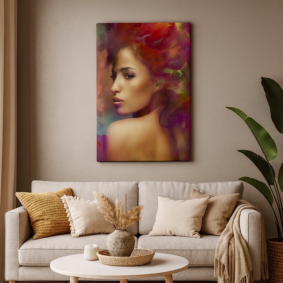 Obraz na płótnie - Portret kobiety otoczonej kolorową mgłą w artystycznym stylu - 50x70cm - Piękniejsza od tęczy, delikatna jak mgła - Nowoczesna dekoracja ścienna do salonu, kuchni i sypialni ARTTOR