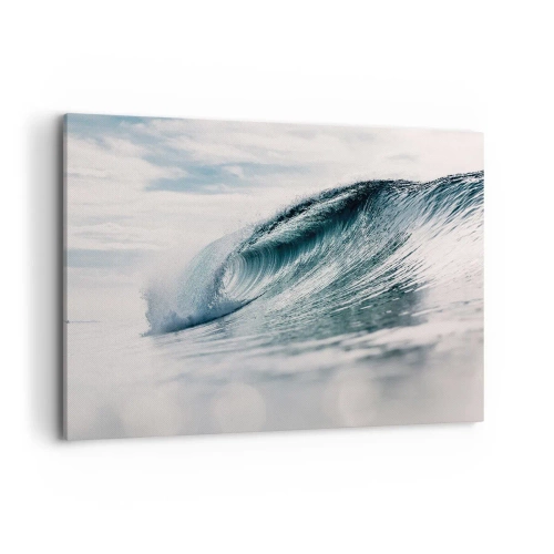 Obraz na płótnie - Fala morska uchwycona w dynamicznym momencie na tle nieba - 100x70cm - Wodny szczyt - Nowoczesna dekoracja ścienna do salonu, kuchni i sypialni ARTTOR