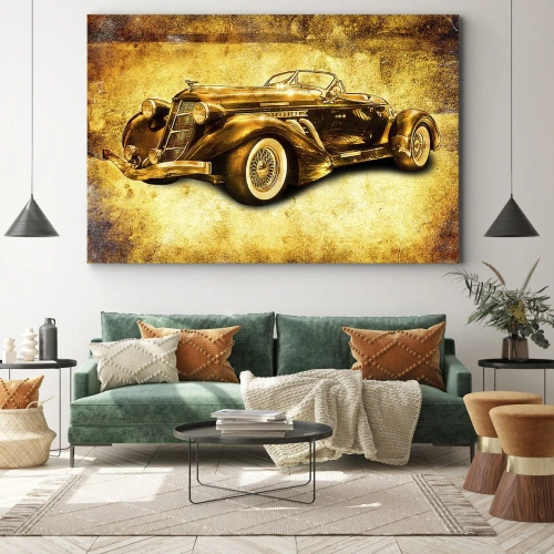 Obraz na płótnie - Złoty klasyczny kabriolet retro na tle vintage w ciepłych barwach - 100x70cm - Elita elit - Nowoczesna dekoracja ścienna do salonu, kuchni i sypialni ARTTOR