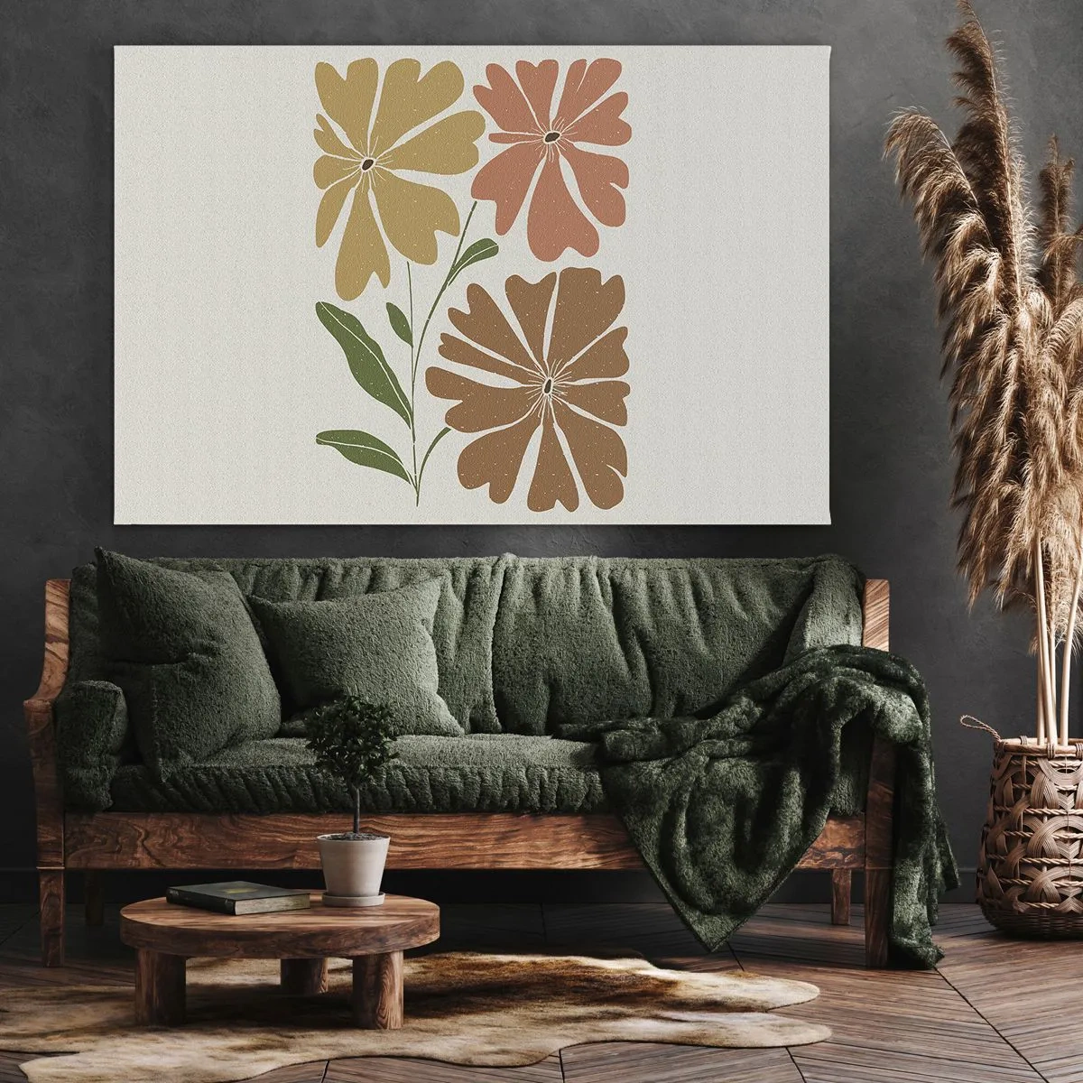 Obraz na płótnie - Trzy kwiaty w ciepłych barwach na jasnym tle - 70x50cm - Natura i geometria - Nowoczesna dekoracja ścienna do salonu i sypialni ARTTOR